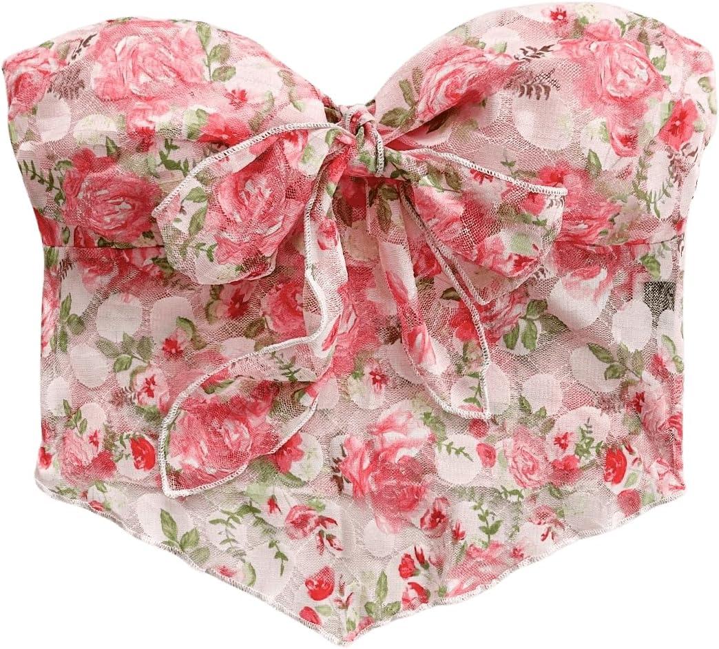 GORGLITTER Women's Floral Bow Strapless Tube Top Mesh Tie Front Bandeau Top Coquette Crop Top Going Out Tops Pink Multicolor X-Small (Pink, XS)