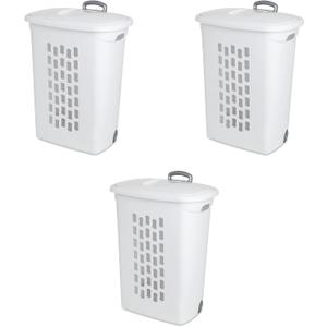 Sterilite 3 pack Ultra Wheeled Hamper, Laundry Basket w/Flip-Top Lid & Retractable Handle - Plastic Rolling Clothes Storage Cart with Ventilated Holes for Home, Apartment or Dorm