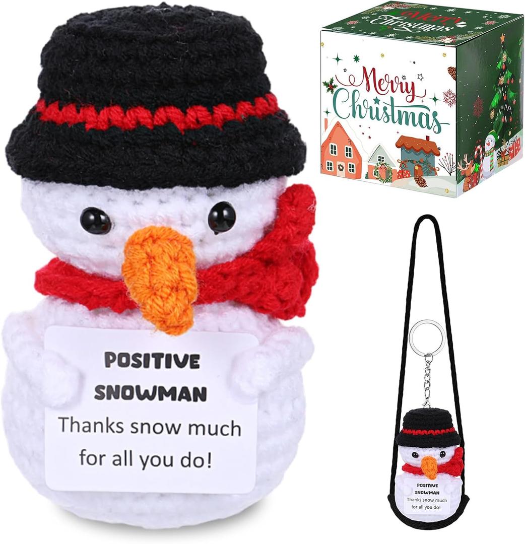 Christmas Crochet Doll Snowman Keychain Snowman Christmas Gift Positive Doll with Positive Card Box, Stocking Stuffer Delightful Birthday Gift for Women Family Friends