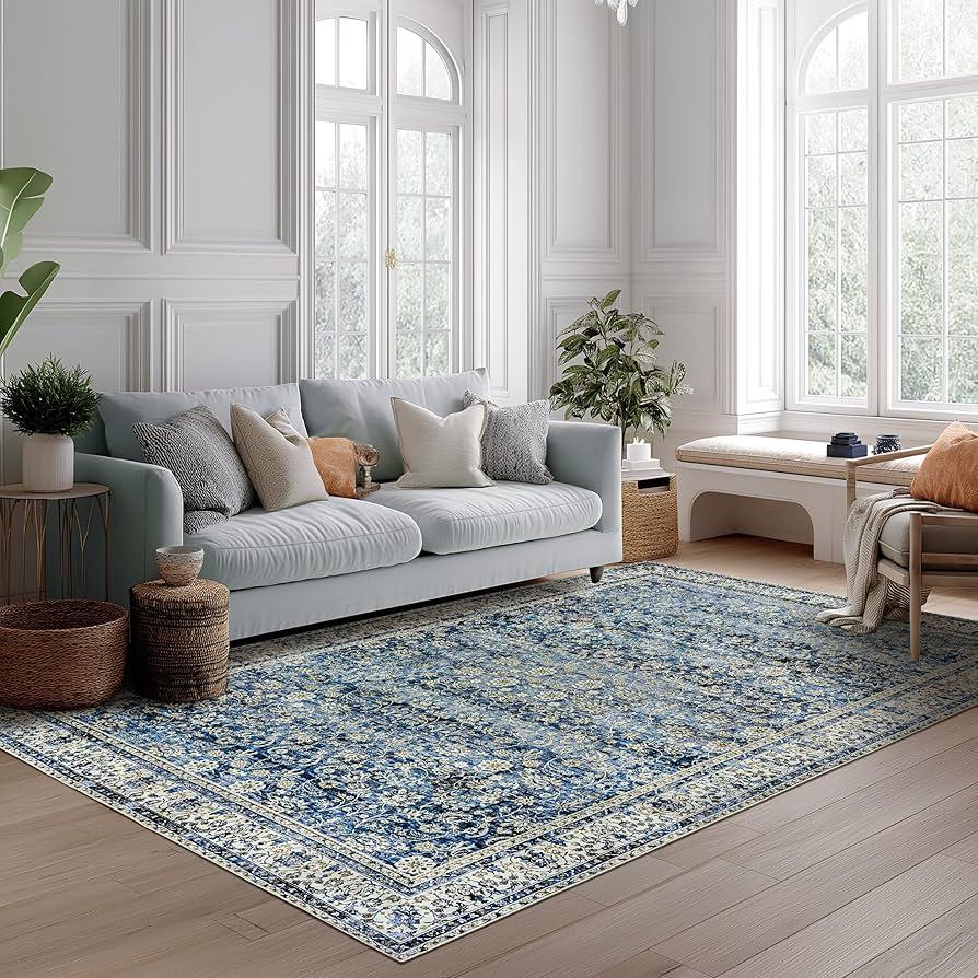 Rugease 5x7 Area Rugs for Living Room Bedroom, Blue Washable Rug, Vintage Retro Boho Rug, Non Slip & Low Pile Faux Wool Thin Carpet for Indoor Dining Room and Kids Room(Blue 5x7ft)