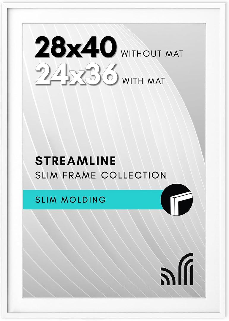 Americanflat 28x40 Poster Frame with Polished Plexiglass - Use as 24x36 Frame with Mat or Display 28x40 Photo Without Mat - Streamline Collection - Thin Border Picture Frames for Wall - White