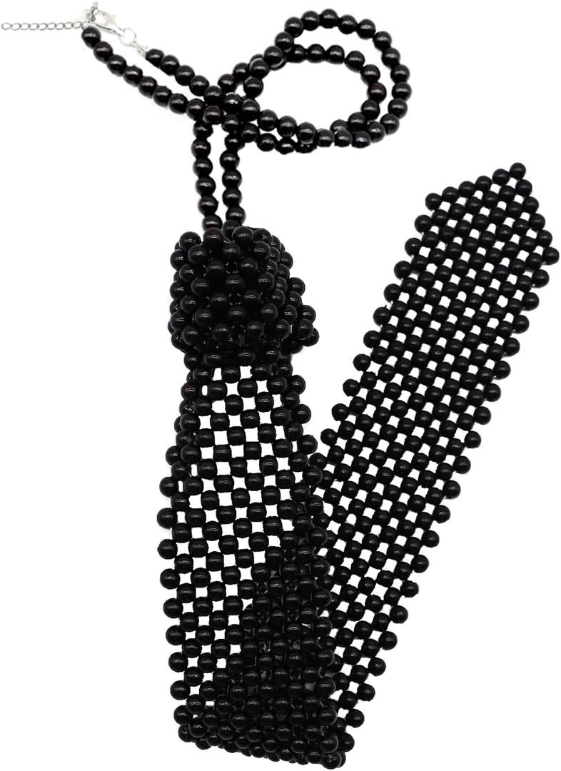 Pearl Neck Tie for Women Bolo Ties for Girls with Artificial Beaded Accessories for Party Shirt Dress (Black)