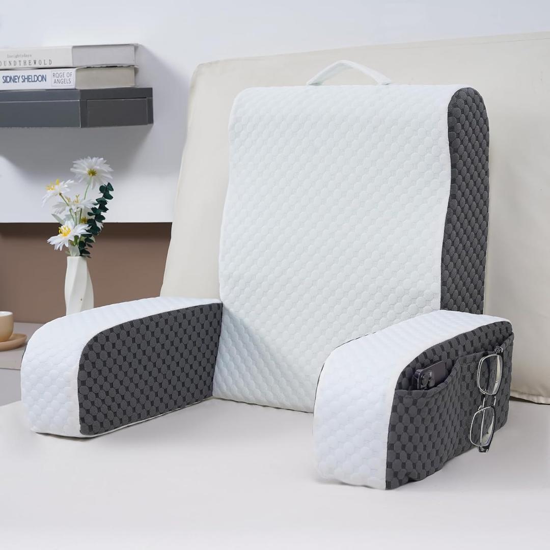 Bed Reading Pillow Back Support with Arms, Removable Pillowcase for Book Working Gaming Resting Watching TV, White Gray/22in