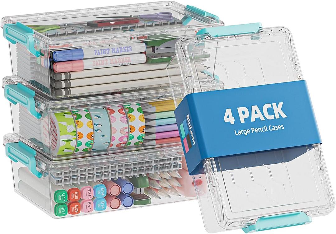BiuLeon 4 Pack Extra Large Pencil Box, Plastic Pencil Case Organizer, Clear Crayon Box Marker Organizer, Stackable Craft Organizers and Storage for Pen, Craft, Art Supply(Green)