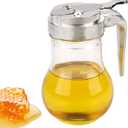 Glass Honey Dispenser No Drip, 6.7 Oz (200ml) Maple Syrup Container with Chrome Plated Stand, Thumb Trigger Pourer Jar for Pancakes Waffles Cooking Oil, Kitchen Breakfast Accessories