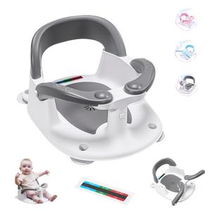 Baby Bath seat for Babies 6 Months & up, 360 Stable Toddler Bath Chair with one-Touch Button, Back Hollow Design, Water Temperature Card & 4 Suction Cups for Safety (Gray)
