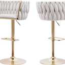 Beige Velvet Bar Stools Set of 2 - Modern Adjustable Swivel Counter Height Chairs with Woven Back, Gold Metal Leg & Base Bar Chair for Kitchen Island, Dining, Cafe, Pub