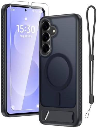 RMOCR for Samsung Galaxy S25 FE Case with Screen Protector+Lanyard Wrist Strap,Magnetic Translucent Matte Rugged Slim Phone Cover Built in Invisible Kickstand [Fit for MagSafe], Black