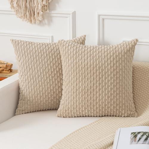 Kevin Textile Throw Pillow Covers Soft Corduroy Decorative Set of 2 Boho Striped Pillow Covers Pillowcases Farmhouse Home Decor for Couch Bed Sofa Living Room 26x26 Inch Beige