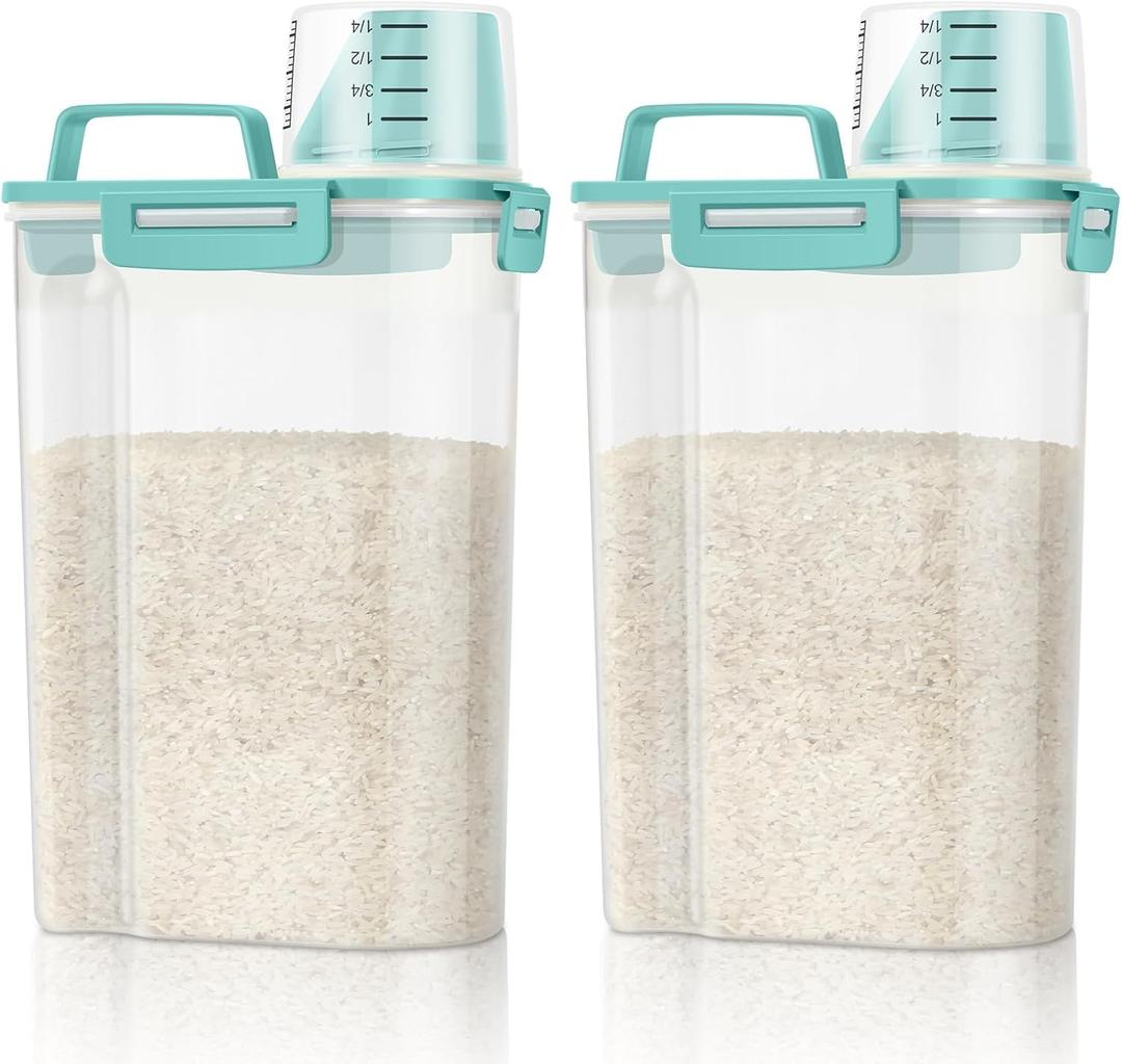TBMax Rice Container Cereal Storage Container 2 Pack 5 Lbs, Kitchen Pantry Dry Food Storage Holder with Easy-Pouring Spout & Handy Cup, Small Pet Dog Cat Food Dispenser for Daily Feeding -Cyan (Cyan 3+3Qt)