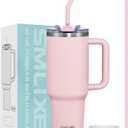 40 oz Tumbler with Handle and Straw Lid,Insulated Reusable Stainless Steel Water Bottle Travel Mug,Cupholder Friendly Double Wall Vacuum Sealed Cup (Pink)