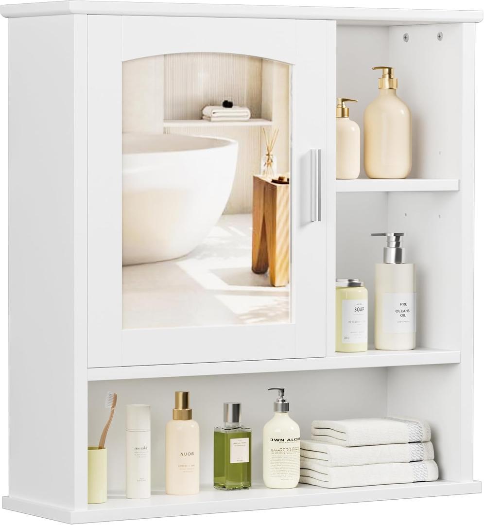 VECELO Bathroom Wall Cabinet with Mirror, Wall Mounted Medicine Cabinets with Door and 3 Open Shelves, Adjustable Shelf, 16.8 x 22.5 x 7.2 Inches, White VECELO Bathroom Wall Cabinet with Mirror, Wall Mounted Medicine Cabinets with Door and 3 Open Shelves, Adjustable Shelf, 16.8 x 22.5 x 7.2 Inches, White