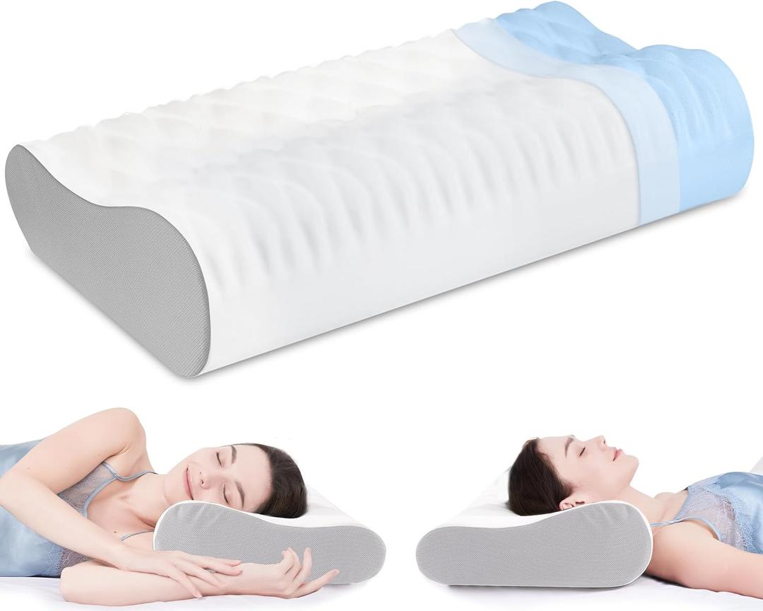 Memory Foam Pillow for Neck Pain, CertiPUR-US Cervical Neck Pillow with Dual-Height Design, Cooling Cover, 3D Ergonomic Support & Odor-Free Tech for Side/Back/Stomach Sleepers (White) (Wave White)