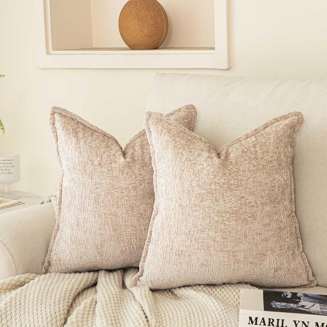 WACOMECO Neutral Chenille Throw Pillow Covers, Pack of 2 Soft Textured Accent Decorative Cushion Covers for Couch Sofa Bed Home Decoration,18x18 Inch, Beige
