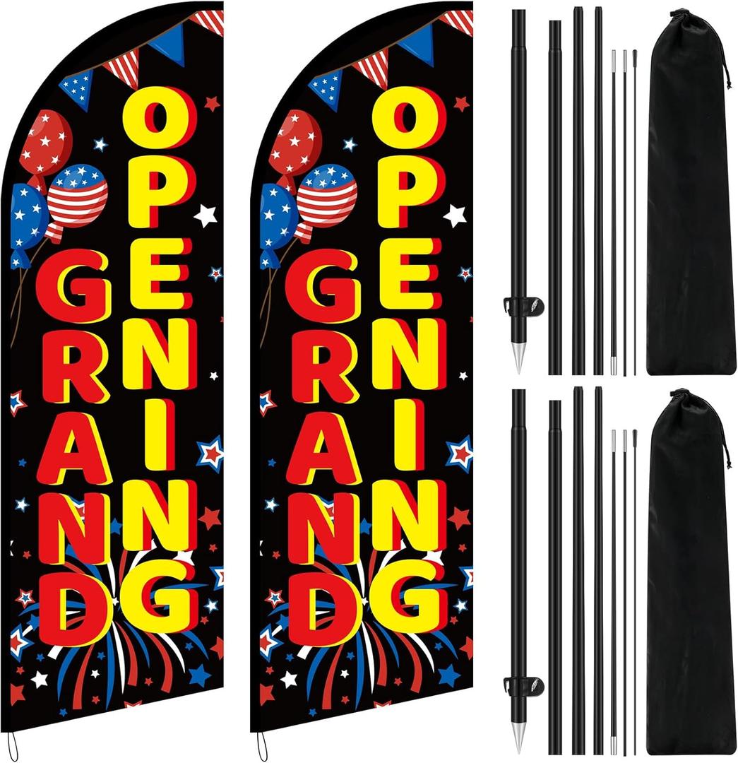 2 Pcs 8.2 ft Grand Opening Flags Grand Opening Sign Banner with Pole Kit and Ground Stake Swooper Flag with Aluminum Alloy Flagpole Kit for Business New Store Advertising Promotions