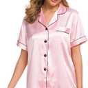 SWOMOG Womens Silk Satin Pajamas Set Short Sleeve Sleepwear Button Down Top and Shorts Loungewear 2 Piece Pjs Set XS-3XL (Medium, Pink)