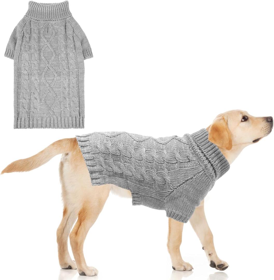 KOOLTAIL Dog Sweater for Large Medium Small Dogs, Fall Dog Sweaters, Turtleneck Cable Knitwear Pet Cold Weather Coats with Leash Hole, Warm Winter Pullover Clothes for Bulldog, Yorkie,Boy Girl,Grey, Size L