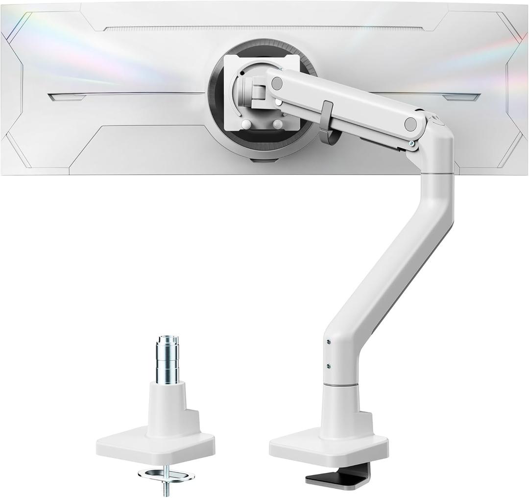 monTEK Heavy-Duty Monitor Arm for 17-57" Ultrawide Curved Screen, Supports up to 59.4 lbs, Adjustable Gas Spring Arm, 75/100 VESA Mount, Clamp & Grommet Desk Monitor Mount Single, White (Without USB)