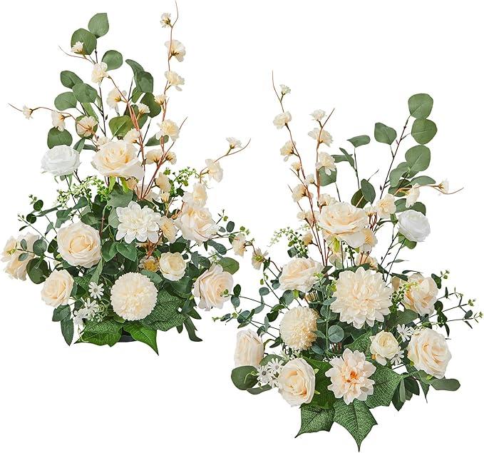 Serwalin Aisle Runner Flowers Arrangement Wedding Chair Decorations 2pcs Free Standing Artificial Fake Flowers Champagne Ceremony Reception Church Pew Rose Floral Party Outdoor Decor