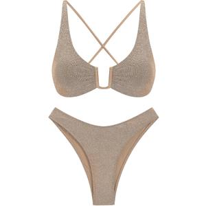 ZAFUL Women's Two Piece Swimsuit Textured U-Wired Metal Criss Cross String Bikini High Leg Bathing Suits (Shine-light Coffee-1). XL