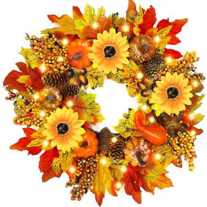 [ Prelit & Timer ] 17 Inch Fall Wreaths for Front Door Sunflower Fall Wreath with 20 LED Battery Operated Autumn Wreaths Maples Leafed Pumpkins Pinecones Acorns Thanksgiving Wreath for Home Wall Door