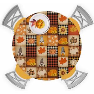 Fall Pumpkin Elastic Round Tablecloth, Turkey Maple Leaf Gnome Plaid Thanksgiving Fitted Tablecloths for Round Table Oil-Proof Waterproof Table Cloth (Fit for 36" - 44" Round Tables)