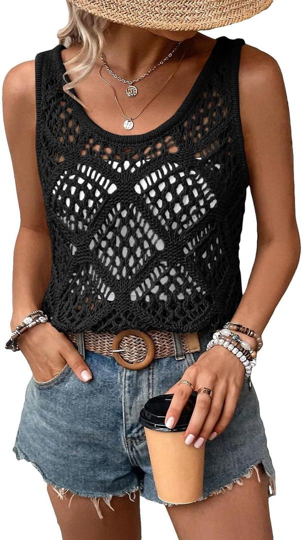 Imily Bela Womens Summer Crochet Tank Tops Knit Sleeveless Scoop Neck Sweater Vest Boho Hollow Out Cover Ups (M)