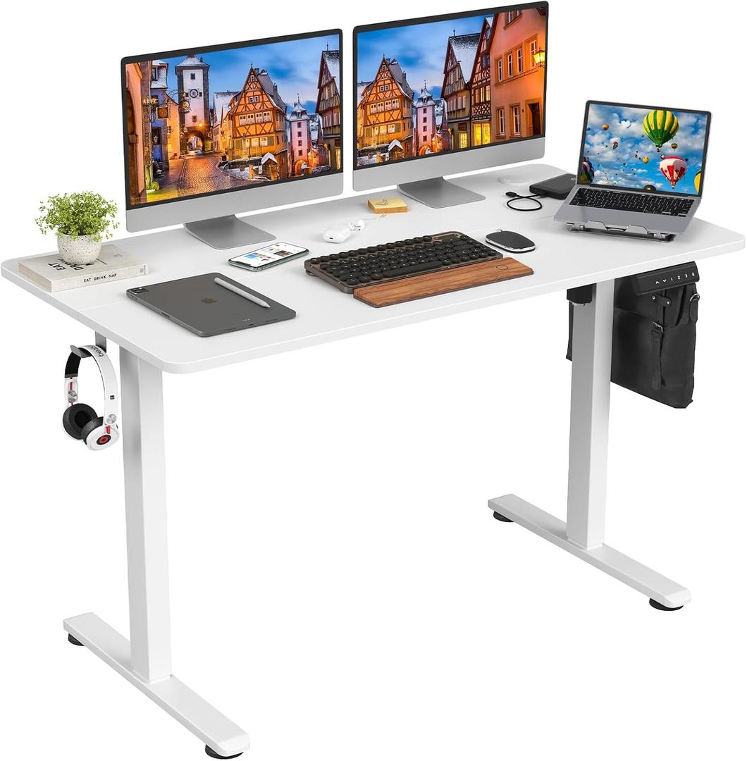 STARY Electric Standing Desk Adjustable Height Sit Stand Home Office Desk with Splice Board (48x24, White Desktop/White Frame)