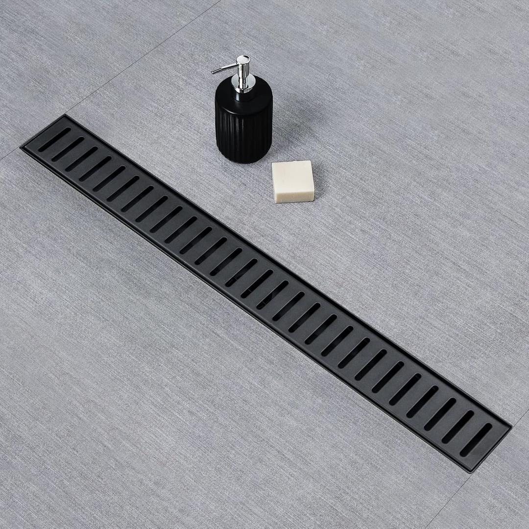 SaniteModar Linear Shower Drain, 24 inch Matte Black Shower Drain with Removable Capsule Pattern Grate,304 Stainless Steel Shower Drain Include Hair Strainer,Adjustable Leveling Feet