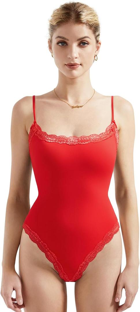 SUUKSESS Women Square Neck Lace Bodysuit Sleeveless Spaghetti Strap Tank Top (Large, Red)