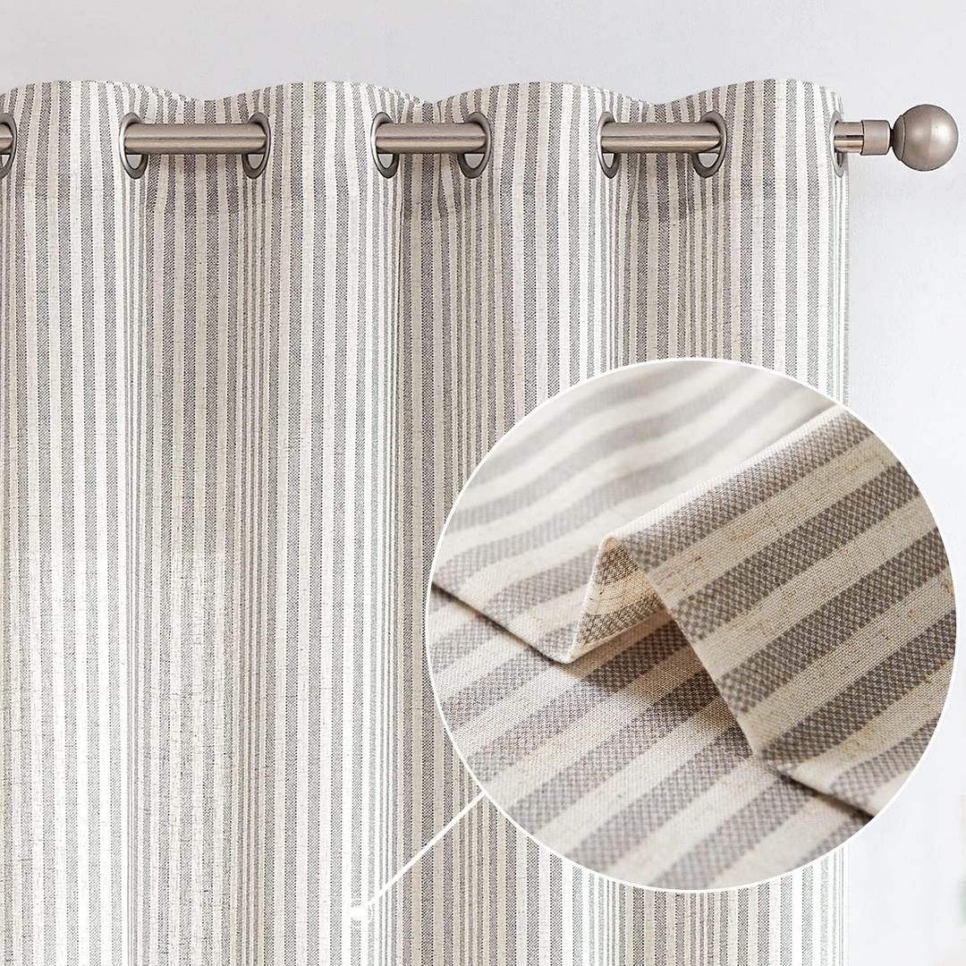 Vangao Linen Blend Stripe Curtains Tickingstripe Light Filtering Window Curtains Grey Pinstripe Printed on Beige Drapes 84 Inches Long for Living Room Bedroom Grommet Top 2 Panels