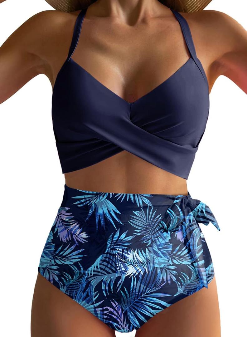 Dokotoo Women's High Waisted Floral Bikini Sets Swimsuit Suit for Women 2025 Tummy Control Bathing Suit Swimwear for Summer (Blue) S 
