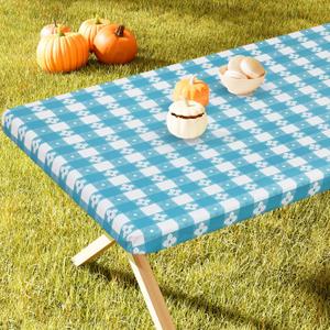 Rectangle Vinyl Table Cloth, Waterproof Elastic Fitted Tablecloth with Flannel Backing, Plastic Table Cover for Picnic, Camping, Outdoor (White & Aqua, 30"x48")