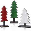 Meooeck 3 Pcs Green White Red Wood Christmas Trees Tabletop Rustic Christmas Decor Farmhouse Centerpieces Decorations for Tables with Rectangular Base for Home