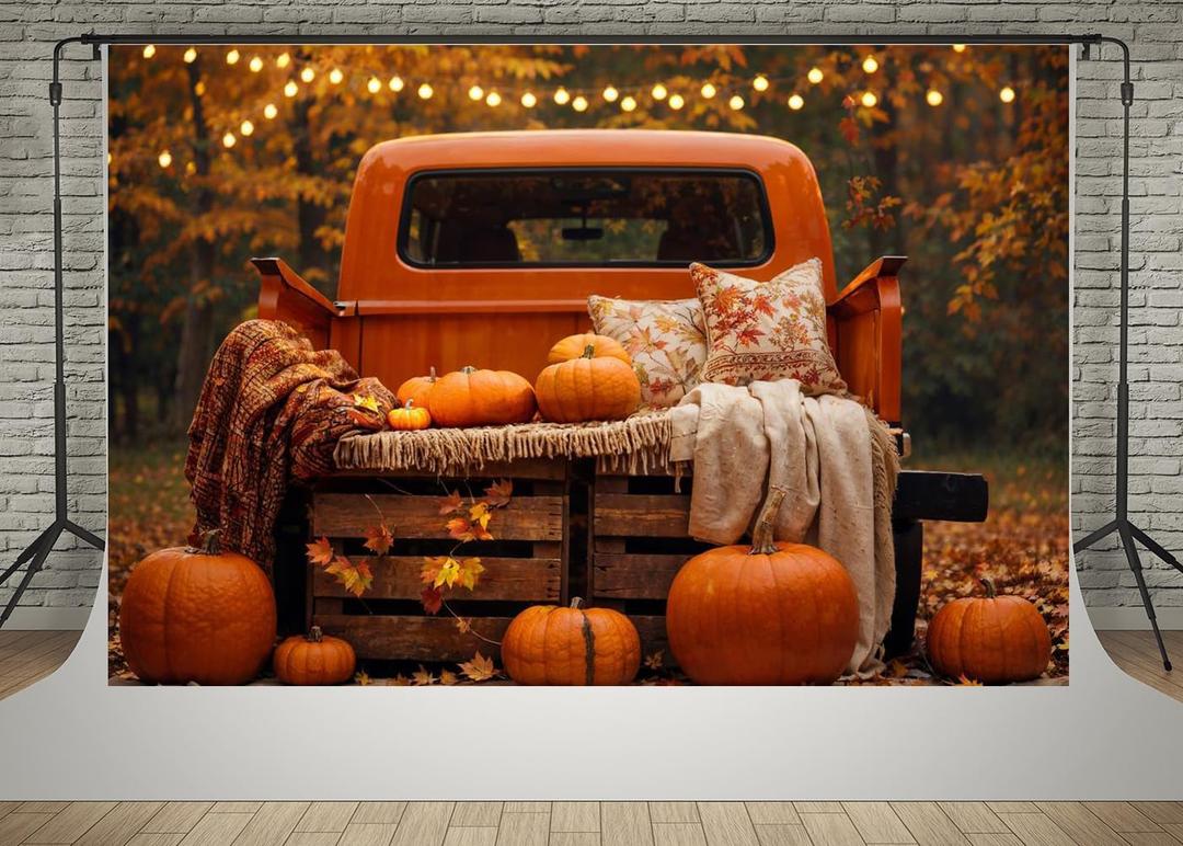 Kate 7x5ft Autumn Photography Backdrops Vintage Orange Truck with Pumpkins Fall Scene Photo Background Thanksgiving Harvest Decor Backdrops Video