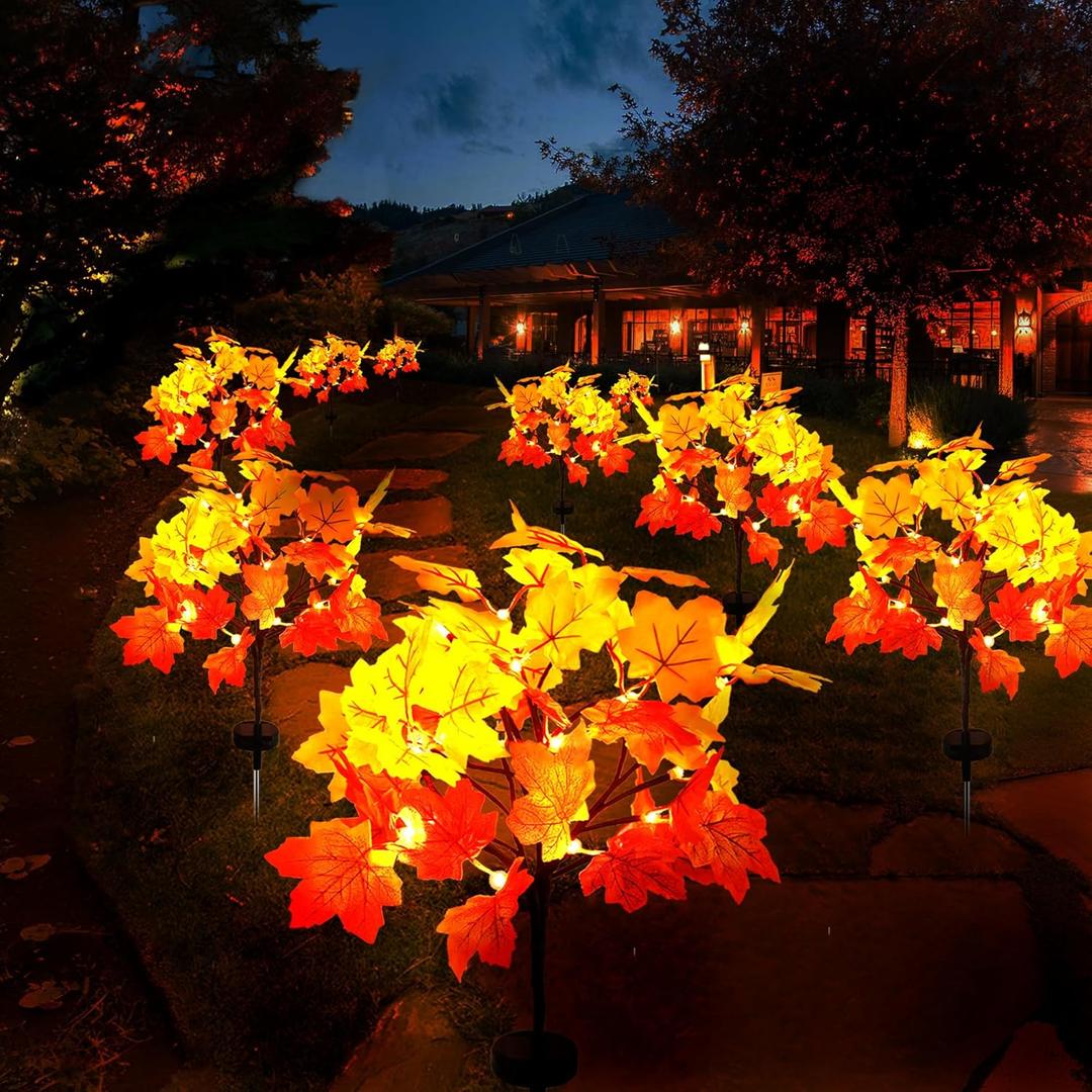 2Pack Fall Solar Lights Outdoor Decorative, Waterproof 40Led Orange Fall Lights with 80 Maple Leaves Path Lights, Solar Lights for Fall Autumn Patio Garden Halloween Thanksgiving Decorations