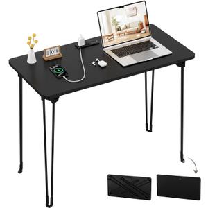 Folding Desk, 31.5" Hairpin Legs Small Desk with Power Strip for Bedroom, Space Saving Foldable Computer Desk for Home Office, No Assembly Need, Black