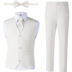 Boys Linen Suit, Toddler Wedding Tuxedos, Teens Boy Suits Set for Kids Beach Summer Outfits (14, White)