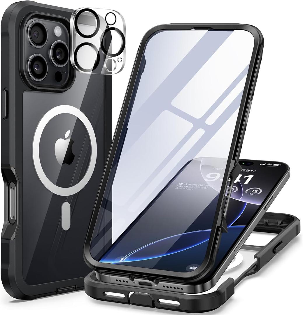 seacosmo for iPhone 16 Pro Max Case, Full Body Bumper with Built-in 9H Tempered Glass Screen and Camera Lens Protector, Compatible with MagSafe, Shockproof 16 Pro Max Phone Case, 6.9", Black