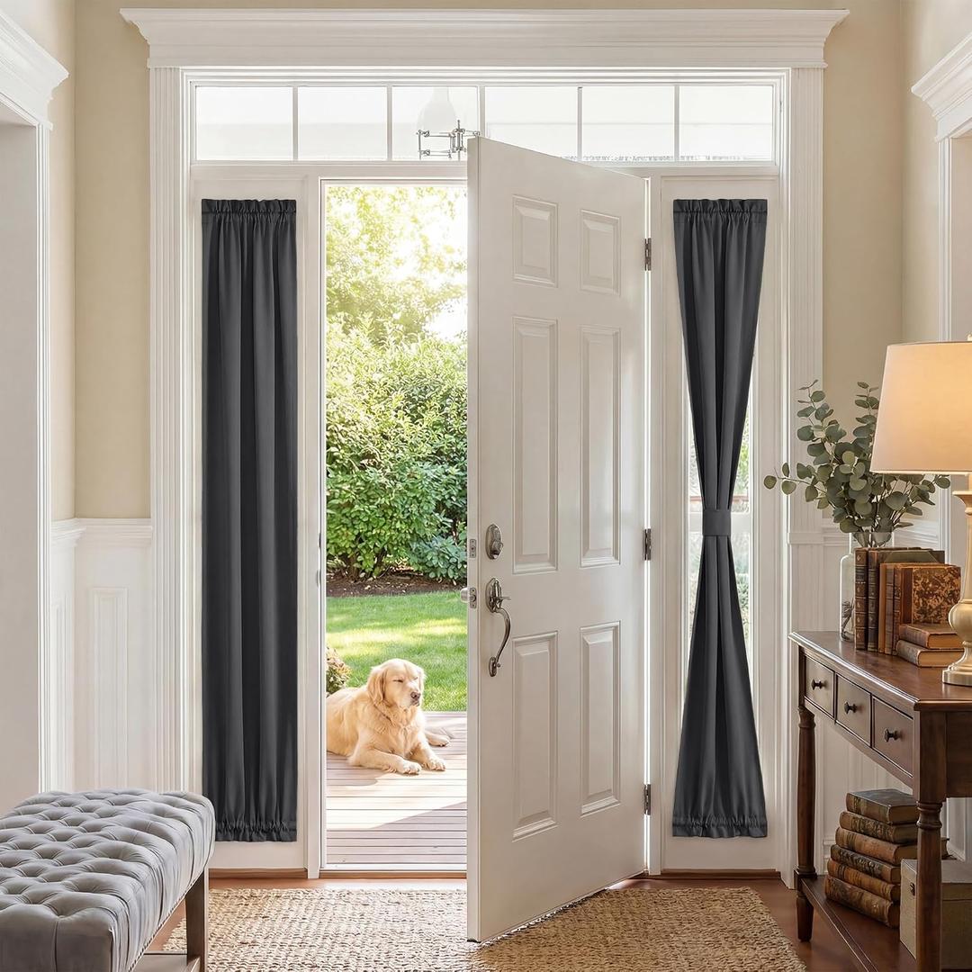 PONY DANCE Grey Blackout Curtain for French Door - Thermal Insulated Window Shade with Tieback, Privacy Panel for Sidelight or Front Door, W25 x L66 Inches, 1 Panel