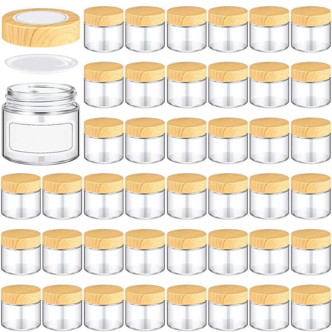 Layhit 64 Pcs Glass Jars with Lids Clear Small Jars with Plastic Woodgrain Lids, White Labels and Inner Liners Empty Round Cosmetic Containers for Creams Lotions Powder Candle Making (2oz/ 60 ml)