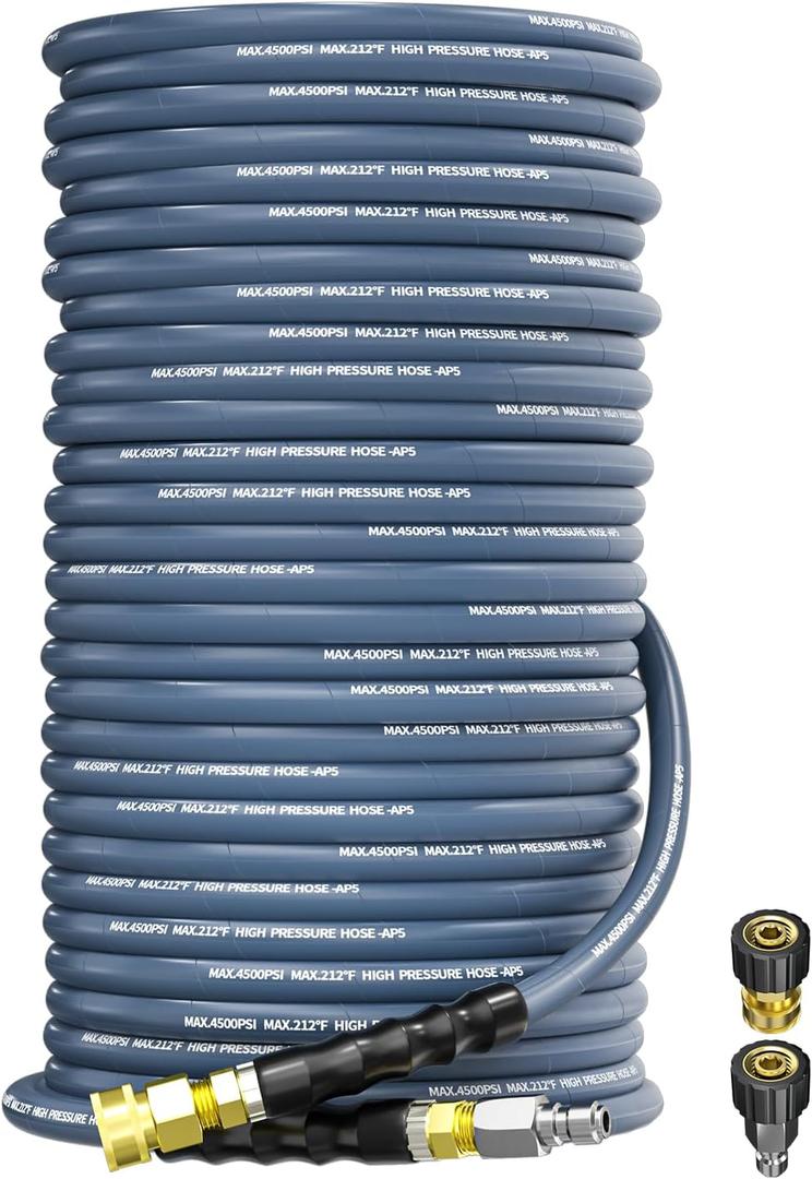 Pressure Washer Hose 200FT 3/8" for Cold and Hot Water 212F, with Swivel Quick Connect, 4500PSI Kink Resistant Grade Steel Wire Braided, Power Washer Hose With 2pcs M22-14mm Adapter