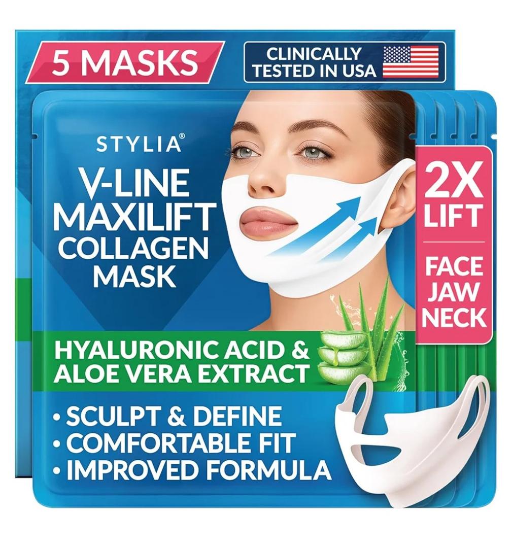 Stylia MaxiLift V-Line Lifting Collagen Face Mask - Double Chin Strap - Jawline Shaper - Neck Firming and Tightening Mask with Hyaluronic Acid & Aloe Vera - Chin Strap for Sleeping (5PC)