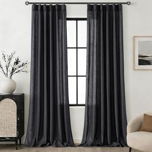 Pinch Pleated Linen Curtains 120 Inches Long for Living Room 2 Panels Set Natural Black Triple Pleated Drapes for Track System Neutral Boho Ceiling Floor Length 120 Inch High Window Curtains 10 FT