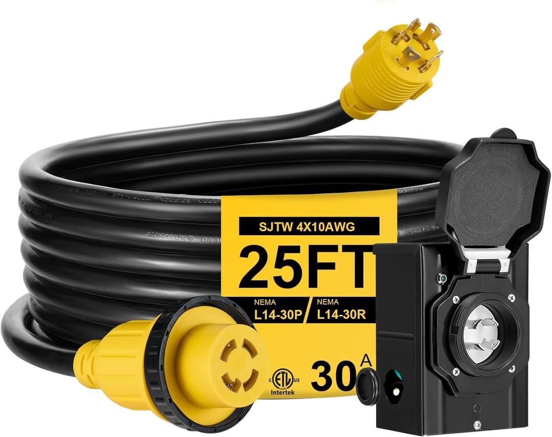 25FT 30 Amp Generator Cord with Pre-Drilled Power Inlet Box,Heavy Duty Generator Power Cord 4 Prong,125/250V,NEMAL14-30P/14-30R,Waterproof,ETL Listed,Home/RV Power Supply (25 FT)