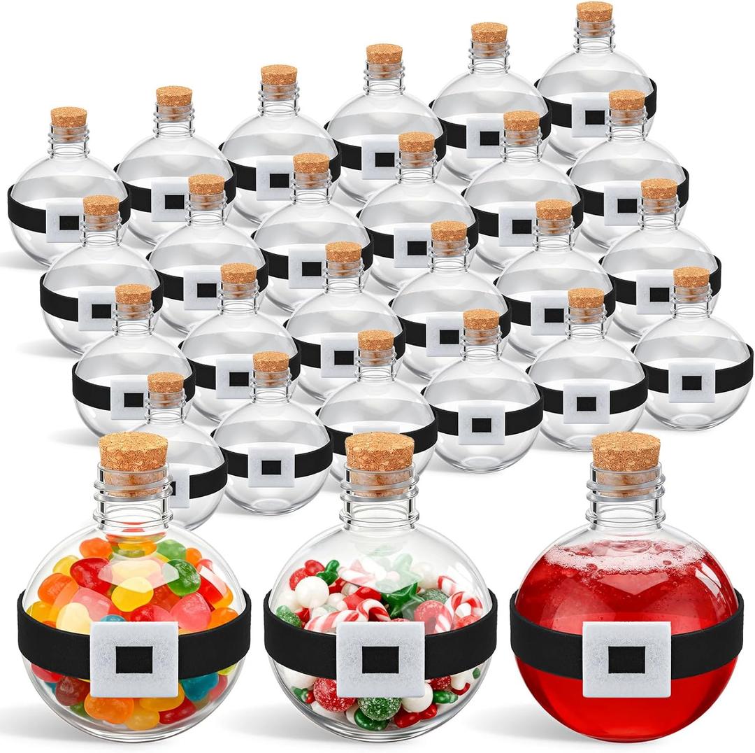 Baderke 48 Pcs 3.4oz Plastic Potion Bottles with Cork & Santa Claus Felt Belt, Round Christmas Candy Jars Ball Shape Bottles for Drink Christmas Gifts Table Decoration DIY Crafts