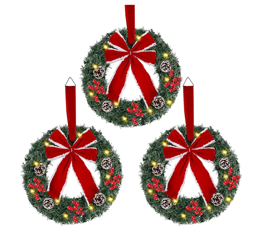 Hausse Set of 3 Christmas Wreaths, Lighted Artificial Christmas Wreath with Large Red Bow & Ornaments, Battery Operated with LED Lights, for Front Door Gate Wall Christmas Party Decorations