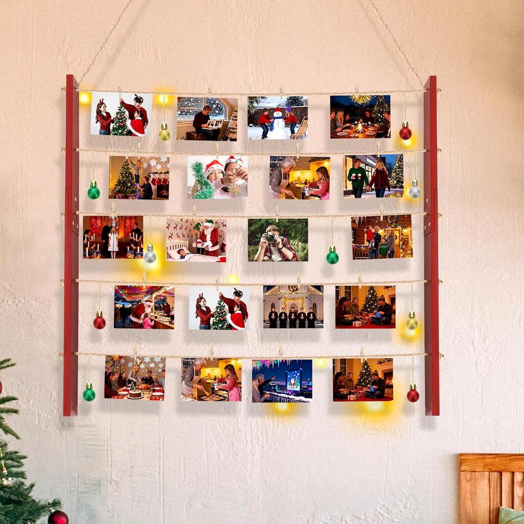 Pinkunn Lighted Christmas Photo Card Holder Display Decoration with 30 Clips 8 Christmas Ball 2 Light String 26 x 29 Inch Xmas Wall Hanging Picture Holders for Home Bedroom Pictures Organizer Decor