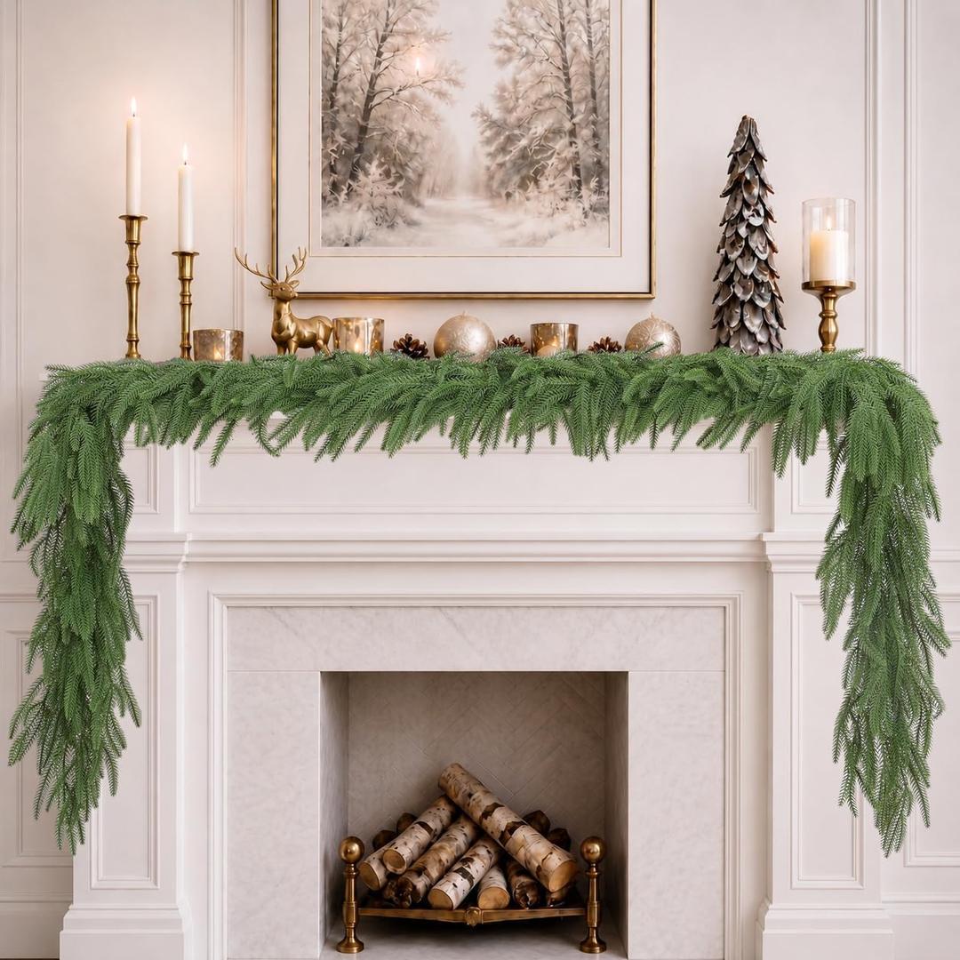 Christmas Norfolk Pine Garland, Real Touch Artificial Greenery for Mantle, Fireplace, Table, Indoor Outdoor Holiday Decoration (2, 6 Ft)