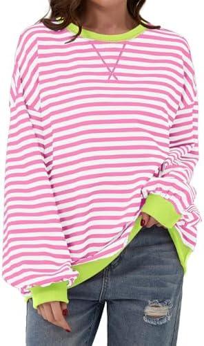 AlvaQ Womens Oversized Sweatshirt 2024 Casual Crewneck Long Sleeve Colorblock Striped Pullover Tunic Tops Outfits Size Large